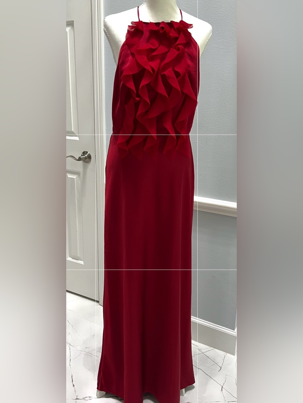 WHBM Red Satin Ruffle Halter Maxi Gown – Size 12
